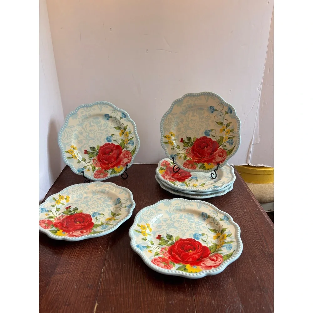 Pioneer Woman Breezy Blossom Salad Plates Set 7 Scalloped Floral Stoneware 8.5